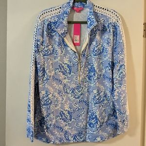 Lilly Pulitzer Light Blue Floral Half-Zip Pullover with White Crochet Trim